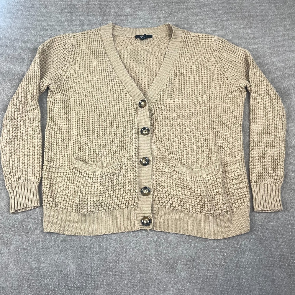 Forever 21 Cardigan Sweater Womens Medium Beige Knit V-Neck Button Front Pockets